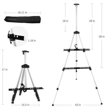 Art Painting Artist Easel Stand,RRFTOK Display Sign Aluminum Metal Tripod Adjustable Portable Easels for Painting Canvases Height from 17 to 66 Inch,Carry Bag for Table-Top/Floor Drawing - White