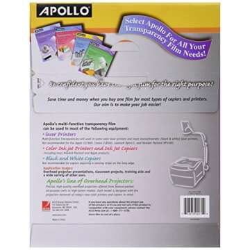 Apollo Multi-Function Transparency Film, 8.5 x 11 Inches, Clear, 50 Sheets per Pack (VUF1000E)