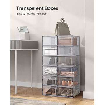 SONGMICS Shoe Boxes, Pack of 12 Shoe Storage Organizers, Stackable Clear Plastic Boxes for Closet, Sneakers, 9.1 x 13.1 x 5.6 Inches, Fit up to US Size 11, Transparent and Gray ULSP006G12