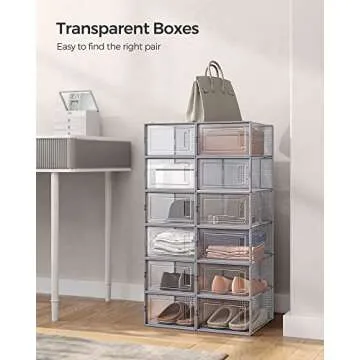 SONGMICS Shoe Boxes, Pack of 12 Shoe Storage Organizers, Stackable Clear Plastic Boxes for Closet, Sneakers, 9.1 x 13.1 x 5.6 Inches, Fit up to US Size 11, Transparent and Gray ULSP006G12