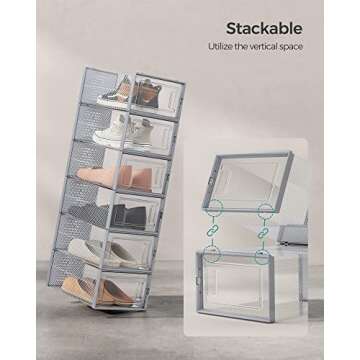 SONGMICS Shoe Boxes, Pack of 12 Shoe Storage Organizers, Stackable Clear Plastic Boxes for Closet, Sneakers, 9.1 x 13.1 x 5.6 Inches, Fit up to US Size 11, Transparent and Gray ULSP006G12