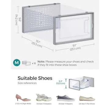 SONGMICS Shoe Boxes, Pack of 12 Shoe Storage Organizers, Stackable Clear Plastic Boxes for Closet, Sneakers, 9.1 x 13.1 x 5.6 Inches, Fit up to US Size 11, Transparent and Gray ULSP006G12