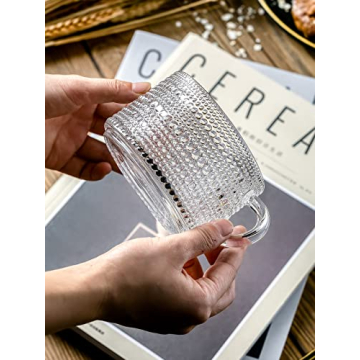 Gezzeny Vintage Glass Coffee Mugs 14 Oz Set of 2 Clear Embossed Tea Cups, Glass Coffee Cups for Cappuccino, Latte, Cereal, Yogurt, Beverage Christmas Thanksgiving Gifts