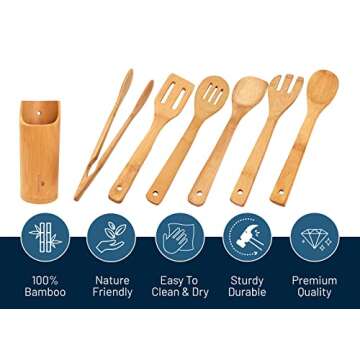 RoyalHouse Wooden Kitchen Utensils Set, 7 Piece Bamboo Cooking Tools and Holder Cooking Spoons and S...