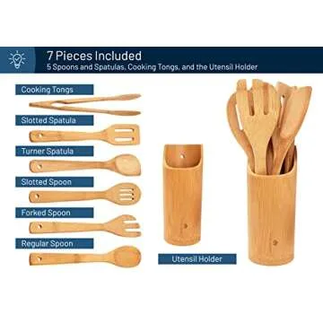 RoyalHouse Wooden Kitchen Utensils Set, 7 Piece Bamboo Cooking Tools and Holder Cooking Spoons and Spatulas, Kitchen Tools, Wood Tool Utensil Sets for Nonstick Pan and Cookware