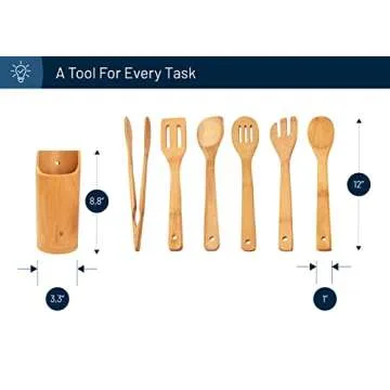 RoyalHouse Wooden Kitchen Utensils Set, 7 Piece Bamboo Cooking Tools and Holder Cooking Spoons and Spatulas, Kitchen Tools, Wood Tool Utensil Sets for Nonstick Pan and Cookware
