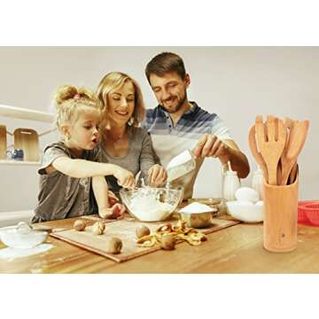 RoyalHouse Wooden Kitchen Utensils Set, 7 Piece Bamboo Cooking Tools and Holder Cooking Spoons and Spatulas, Kitchen Tools, Wood Tool Utensil Sets for Nonstick Pan and Cookware