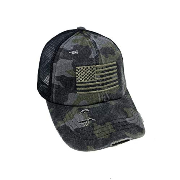 Funky Junque Women's Messy Bun Ponytail Baseball Hat - Distressed Camo Jet Black