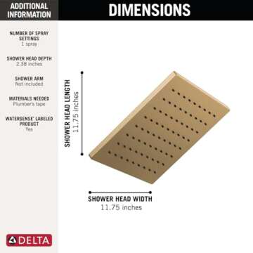 Delta Faucet Single-Spray Raincan Shower Head, Gold Shower Head, Rainfall Shower Head, Square Shower Head, Metal Shower Head, 1.75 GPM Flow Rate, Water Saving Shower Head, Champagne Bronze 52159-CZ