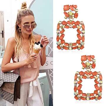 Statement Earrings for Women with Dangling Rhinestone,Aretes De Mujer De Moda,Costume Colorful Jewelry Stud Earring by Holylove (Orange)