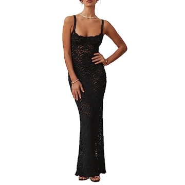 Women’s Cocktail Dress Sexy Lace Hollow Out Transparent Spaghetti Straps Slim Fit Maxi Party Club ...