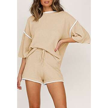 TOLENY Womens 2 Piece Outfits Tracksuit Waffle Knit Pullover Top and Shorts Pajamas Sets