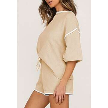 TOLENY Womens 2 Piece Outfits Tracksuit Waffle Knit Pullover Top and Shorts Pajamas Sets