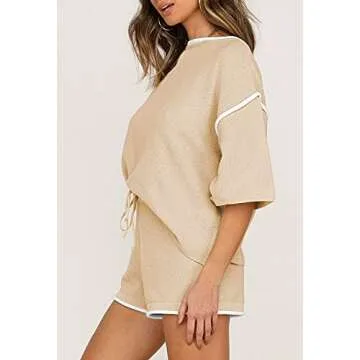 TOLENY Womens 2 Piece Outfits Tracksuit Waffle Knit Pullover Top and Shorts Pajamas Sets