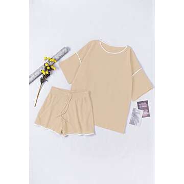 TOLENY Womens 2 Piece Outfits Tracksuit Waffle Knit Pullover Top and Shorts Pajamas Sets