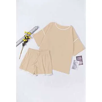 TOLENY Womens 2 Piece Outfits Tracksuit Waffle Knit Pullover Top and Shorts Pajamas Sets