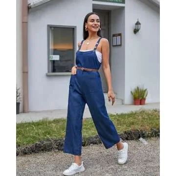 DREFBUFY Women Overalls Casual Rompers With Pockets Outfits Wide Leg Jumpsuit Sleeveless Long Jeans Pants（Blue1301-Medium）