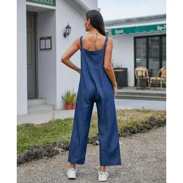 DREFBUFY Women Overalls Casual Rompers With Pockets Outfits Wide Leg Jumpsuit Sleeveless Long Jeans Pants（Blue1301-Medium）
