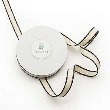 CT CRAFT LLC Ivory Cotton Black Stripes Ribbon 3/8" x 10 Yards for Home Décor Gift Present Wrapping DIY Crafts Birthday Wedding Bouquet Christmas