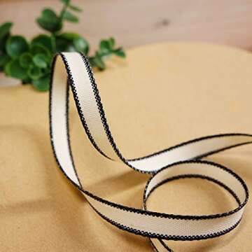 CT CRAFT LLC Ivory Cotton Black Stripes Ribbon 3/8" x 10 Yards for Home Décor Gift Present Wrapping DIY Crafts Birthday Wedding Bouquet Christmas
