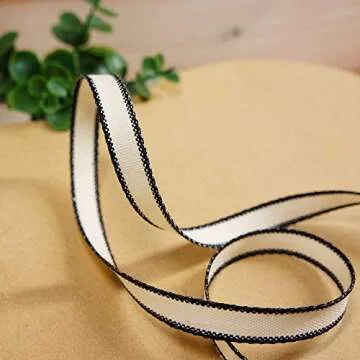 CT CRAFT LLC Ivory Cotton Black Stripes Ribbon 3/8" x 10 Yards for Home Décor Gift Present Wrapping DIY Crafts Birthday Wedding Bouquet Christmas