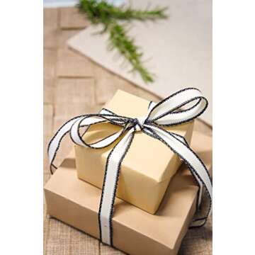 CT CRAFT LLC Ivory Cotton Black Stripes Ribbon 3/8" x 10 Yards for Home Décor Gift Present Wrapping DIY Crafts Birthday Wedding Bouquet Christmas