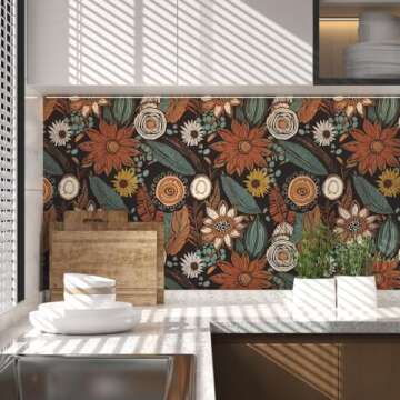 Laatse Boho Wallpaper Peel and Stick,Vintage Floral Contact Paper 17.5" x 393.7", Dark Botanical Flowers Wall Mural Self Adhesive Removable Waterproof for Shelves Cabinet Table (Orange, Blue, Brown)