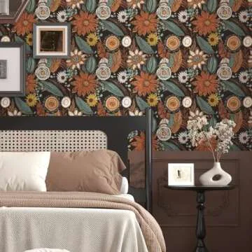 Laatse Boho Wallpaper Peel and Stick,Vintage Floral Contact Paper 17.5" x 393.7", Dark Botanical Flowers Wall Mural Self Adhesive Removable Waterproof for Shelves Cabinet Table (Orange, Blue, Brown)