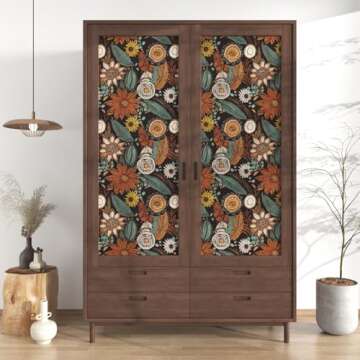 Laatse Boho Wallpaper Peel and Stick,Vintage Floral Contact Paper 17.5" x 393.7", Dark Botanical Flowers Wall Mural Self Adhesive Removable Waterproof for Shelves Cabinet Table (Orange, Blue, Brown)