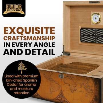 Humidor Supreme Old World Desktop Cigar Humidor - Desktop Cigar Storage with Spanish Cedar Tray & Dividers | Antique Walnut Finish Cigar Box with Humidifier & Glass Hygrometer - Holds 75-100 Cigars