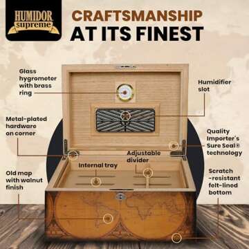 Humidor Supreme Old World Desktop Cigar Humidor - Desktop Cigar Storage with Spanish Cedar Tray & Dividers | Antique Walnut Finish Cigar Box with Humidifier & Glass Hygrometer - Holds 75-100 Cigars