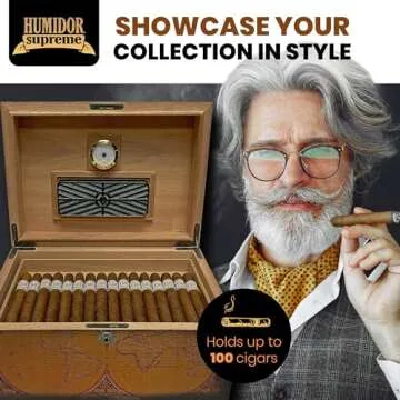 Humidor Supreme Old World Desktop Cigar Humidor - Desktop Cigar Storage with Spanish Cedar Tray & Dividers | Antique Walnut Finish Cigar Box with Humidifier & Glass Hygrometer - Holds 75-100 Cigars