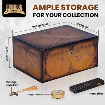 Humidor Supreme Old World Desktop Cigar Humidor - Desktop Cigar Storage with Spanish Cedar Tray & Dividers | Antique Walnut Finish Cigar Box with Humidifier & Glass Hygrometer - Holds 75-100 Cigars