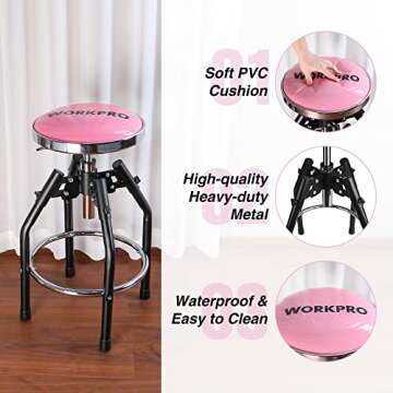 WorkPro Heavy Duty Adjustable Hydraulic Shop Stool,Garage Bar Stool, 29in to 33. 86in, 330-Pound Capacity, Pink