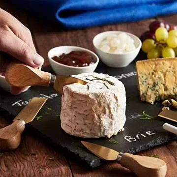 VonShef 9 Piece Slate Cheese Board Server Plate Tray and Dipping Set with Brushed Gold 4 Piece Stainless Steel Cheese Knife Serving Utensil Set, Ceramic Dipping Bowls, Chalk and Gift Box