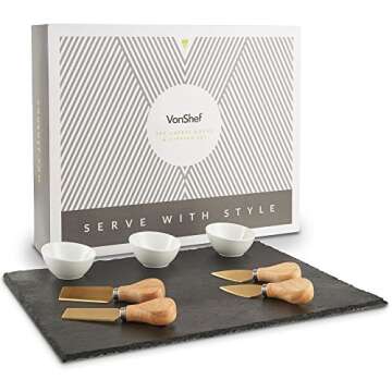 VonShef 9 Piece Slate Cheese Board Server Plate Tray and Dipping Set with Brushed Gold 4 Piece Stainless Steel Cheese Knife Serving Utensil Set, Ceramic Dipping Bowls, Chalk and Gift Box