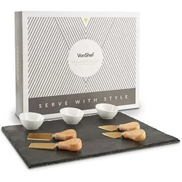 VonShef 9 Piece Slate Cheese Board Server Plate Tray and Dipping Set with Brushed Gold 4 Piece Stainless Steel Cheese Knife Serving Utensil Set, Ceramic Dipping Bowls, Chalk and Gift Box