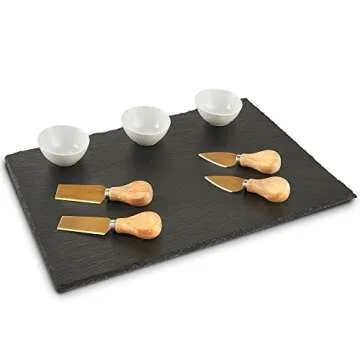 VonShef 9 Piece Slate Cheese Board Server Plate Tray and Dipping Set with Brushed Gold 4 Piece Stainless Steel Cheese Knife Serving Utensil Set, Ceramic Dipping Bowls, Chalk and Gift Box