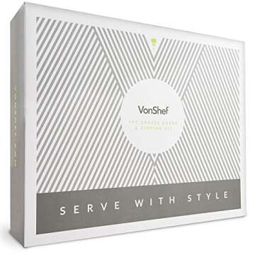 VonShef 9 Piece Slate Cheese Board Server Plate Tray and Dipping Set with Brushed Gold 4 Piece Stainless Steel Cheese Knife Serving Utensil Set, Ceramic Dipping Bowls, Chalk and Gift Box