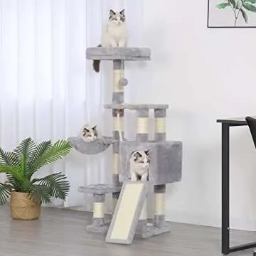 Heybly Cat Tree, Cat Tower for Indoor Cats with Scratching Board, Multi-Level Cat Furniture Condo with Feeding Bowl Light Gray HCT010SW