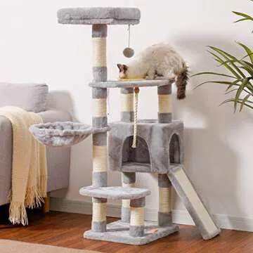Heybly Cat Tree, Cat Tower for Indoor Cats with Scratching Board, Multi-Level Cat Furniture Condo with Feeding Bowl Light Gray HCT010SW
