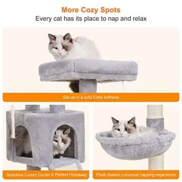 Heybly Cat Tree, Cat Tower for Indoor Cats with Scratching Board, Multi-Level Cat Furniture Condo with Feeding Bowl Light Gray HCT010SW
