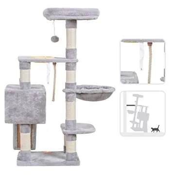 Heybly Cat Tree, Cat Tower for Indoor Cats with Scratching Board, Multi-Level Cat Furniture Condo with Feeding Bowl Light Gray HCT010SW