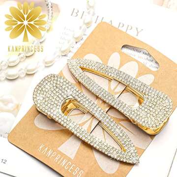 KANPRINCESS 2PCS 3.3Inch Rhinestones Hair Clips,Gold Hair Clips Barrettes, Rhinestones Hair Accessories for Women Girls Bridal,Wedding,Party,Prom(Gold)