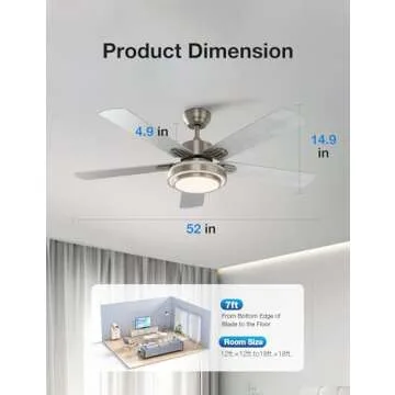 warmiplanet Ceiling Fan with Lights Remote Control, 52 Inch, Brushed Nickel (5-Blades)