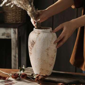 Prettidecor Rustic Ceramic 9.5 in Flower Vase, Ceramic Vase for Home Decor, Living Room Decoration, ...