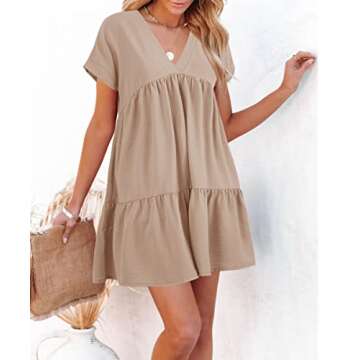 Women V Neck Loose Flowy Swing Shift Dress 2025 Summer Short Sleeve Casual Summer Mini Tunic Dress