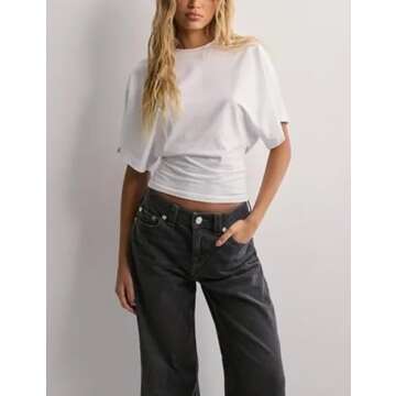 Lumister Shirts for Womens Crewneck Tighten Waist T-Shirt Casual Short Sleeve Workout Tops Solid Color Basic Tees(0781-White-XS)