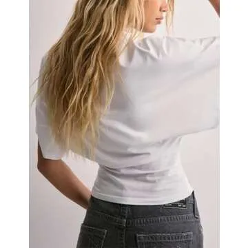 Lumister Shirts for Womens Crewneck Tighten Waist T-Shirt Casual Short Sleeve Workout Tops Solid Color Basic Tees(0781-White-XS)