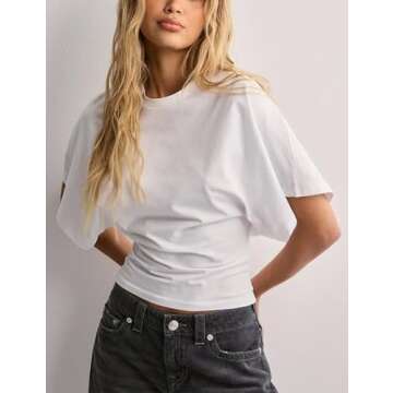 Lumister Shirts for Womens Crewneck Tighten Waist T-Shirt Casual Short Sleeve Workout Tops Solid Color Basic Tees(0781-White-XS)